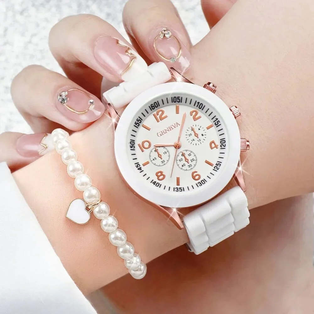 Vacation Women's Casual Silicone Band Analog Quartz Watch Heart Pearls Jewelry
